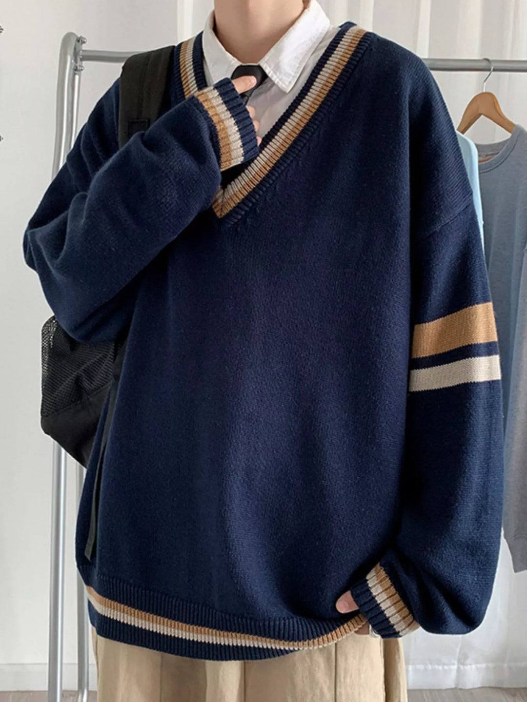 Men's Contrast Striped Long Sleeve Sweater