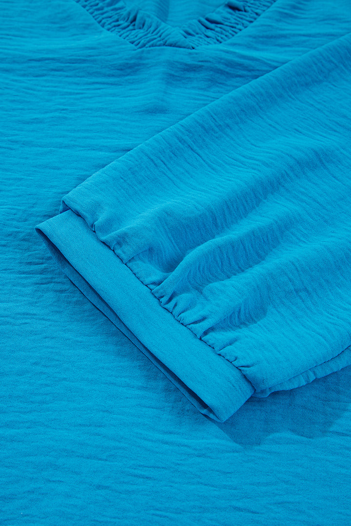 Sky Blue Frilled V Neckline Bracelet Sleeve Crinkled Blouse