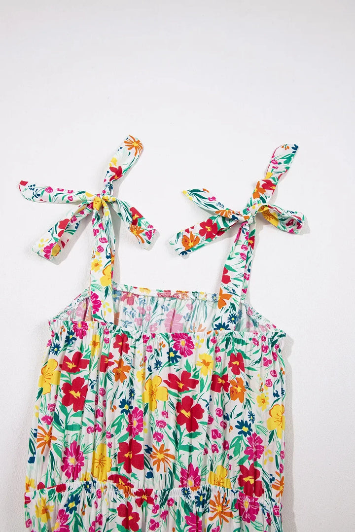 Floral Knotted Straps Cinched Waist Ruffle Hem Mini Dress