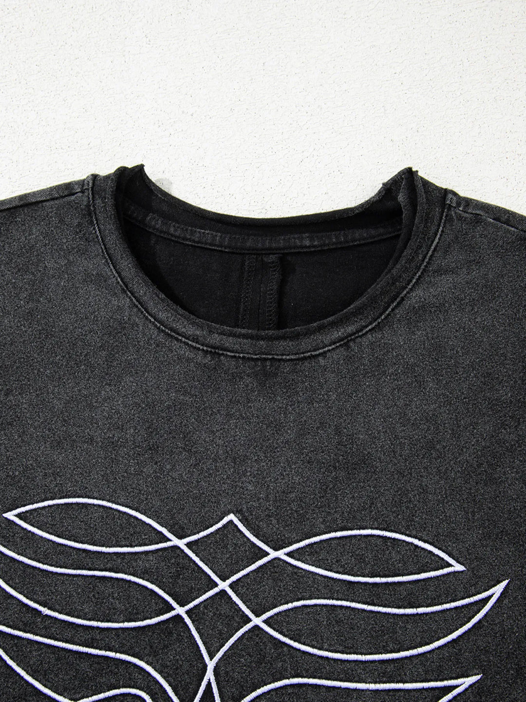 Floral Embroidered Mineral Wash Crew Neck T Shirt