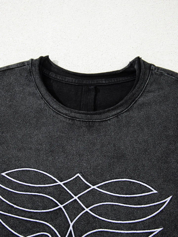 Floral Embroidered Mineral Wash Crew Neck T Shirt