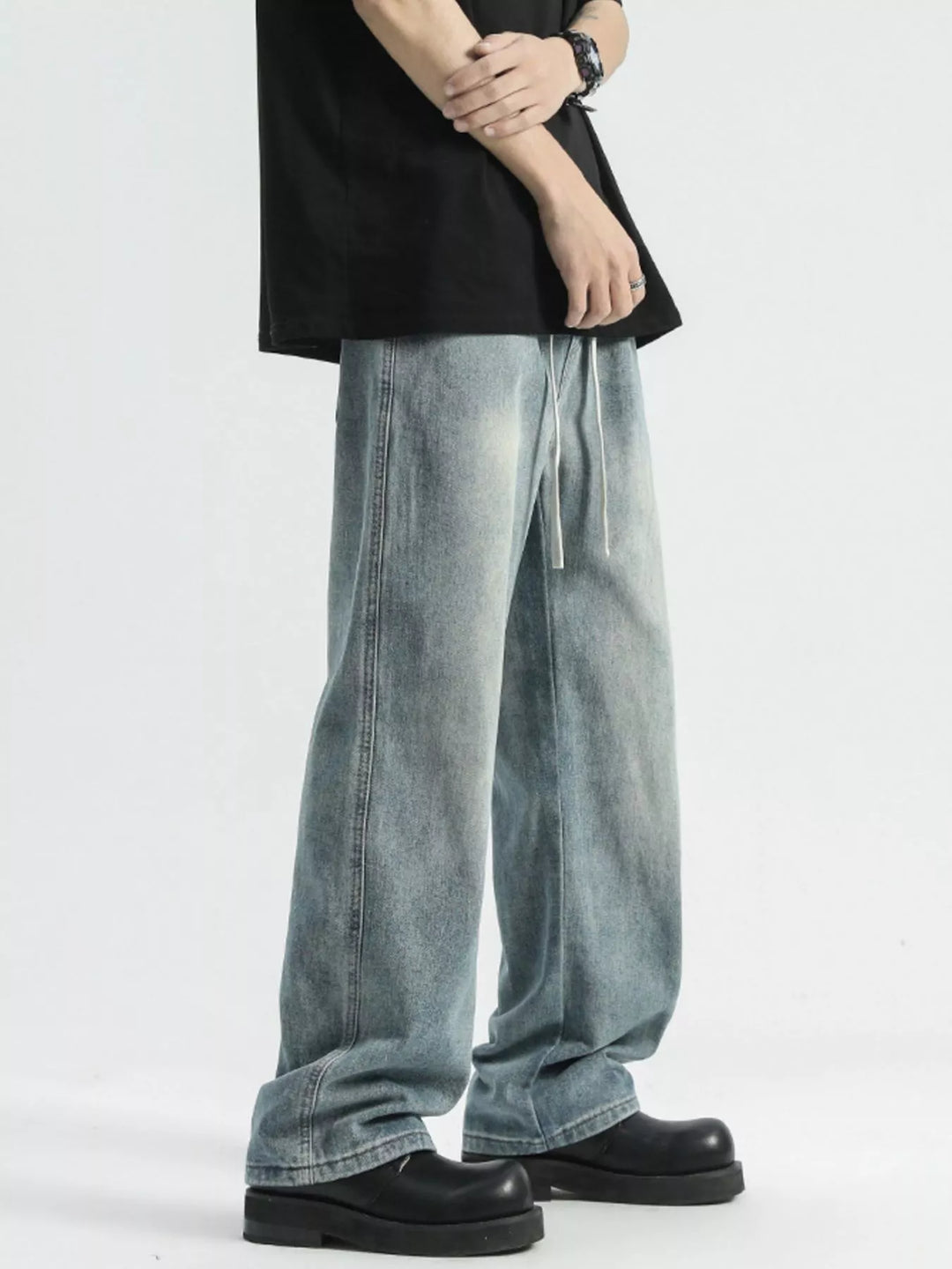Men's Full Size Washed Wide Leg Drawstring Jeans Plus Size