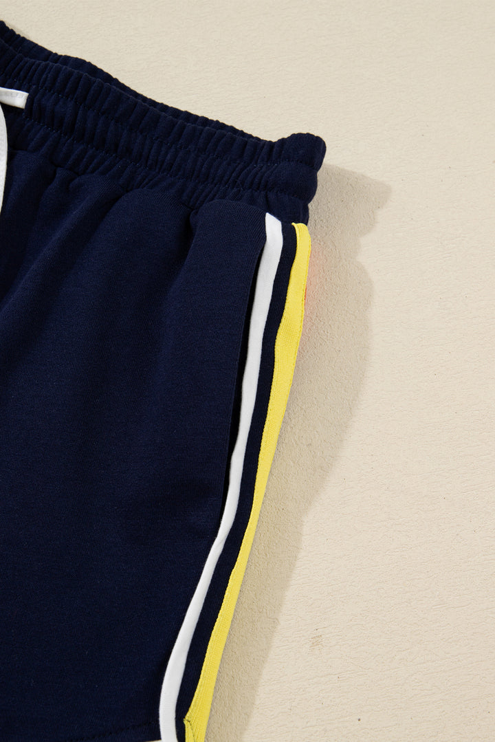 Bluing Colorful Striped Accent Varsity Long Sleeve Pullover and Shorts Matching Set