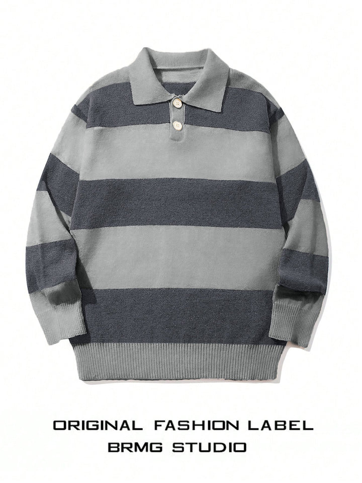 Mens Striped Knit Sweater With A Contrasting Color Collar