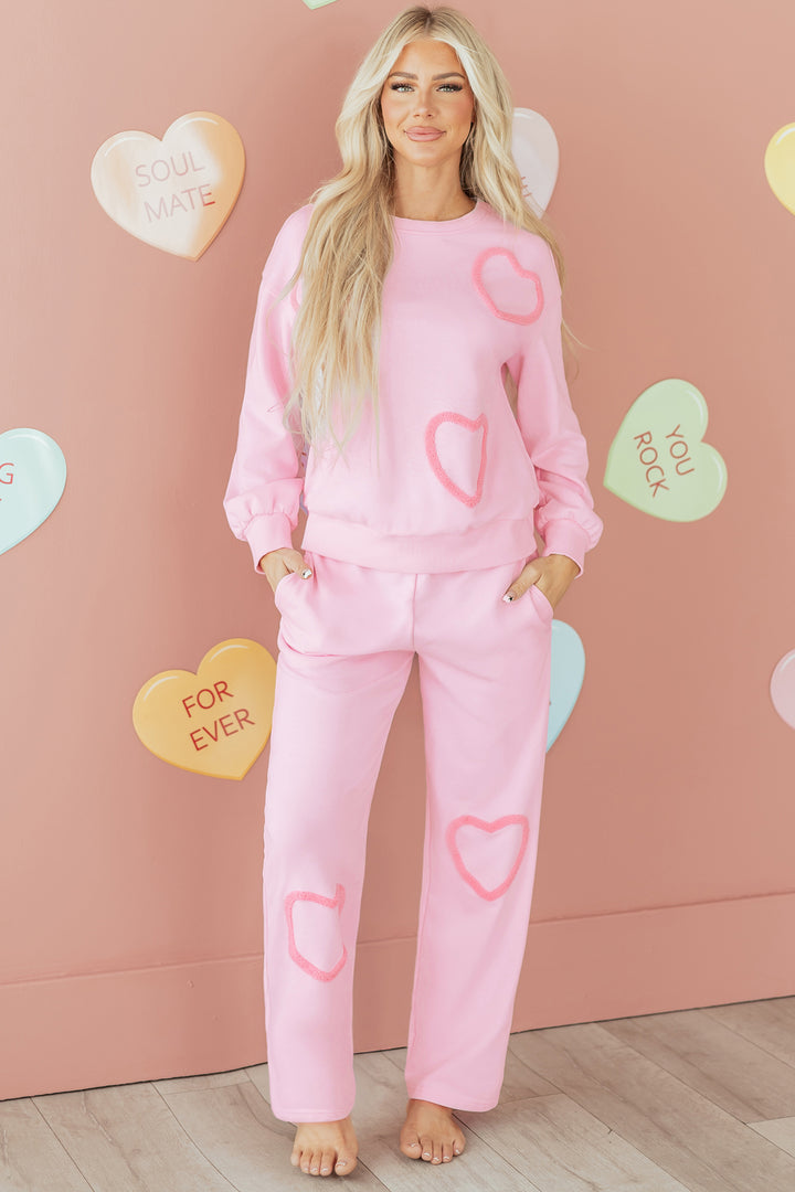 Phalaenopsis Chenille Heart Pattern Casual 2pcs Pants Set