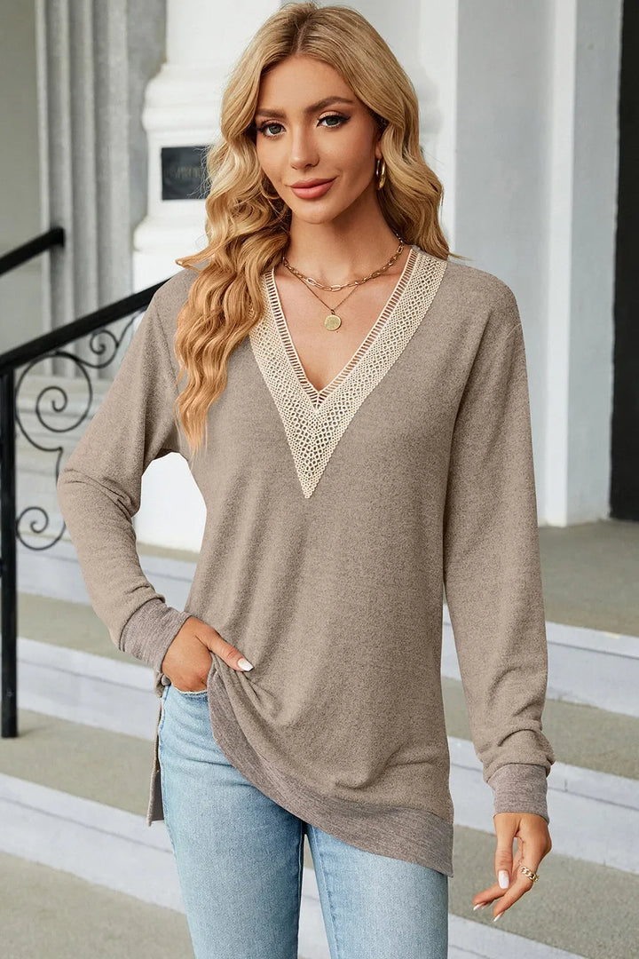 Slit V-Neck Long Sleeve T-Shirt
