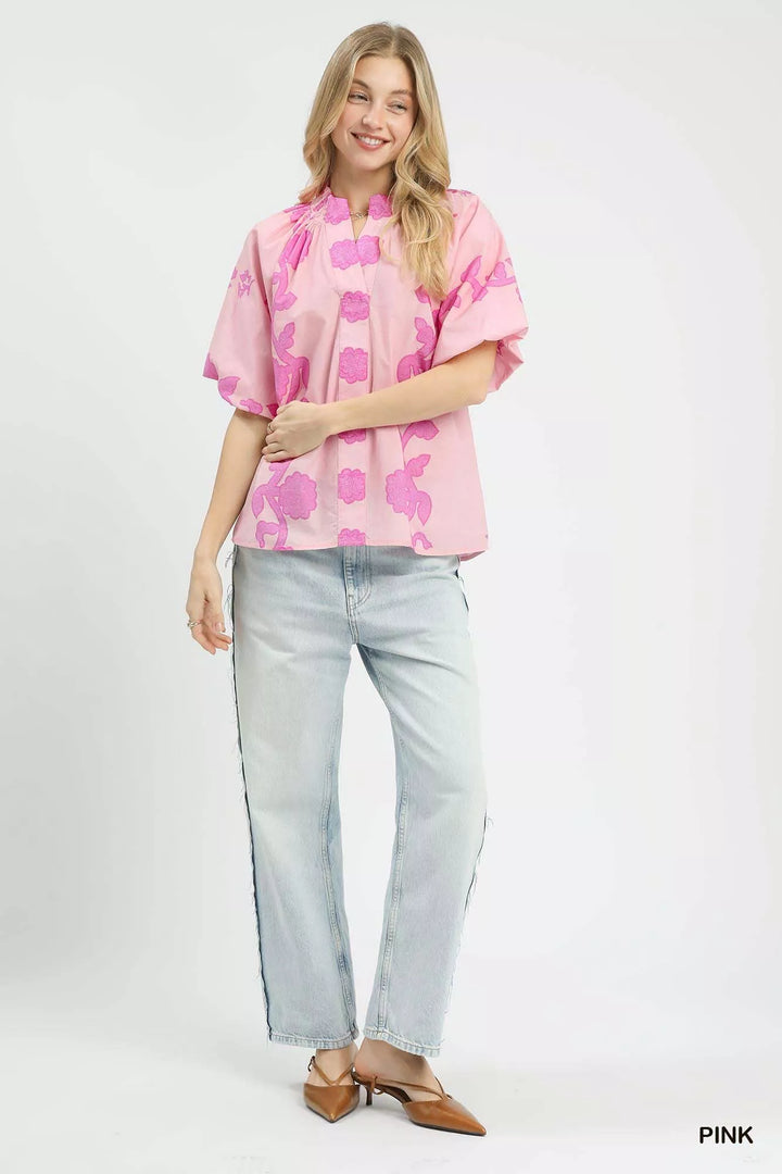Umgee Floral Smocked Notched Puff Sleeve Blouse