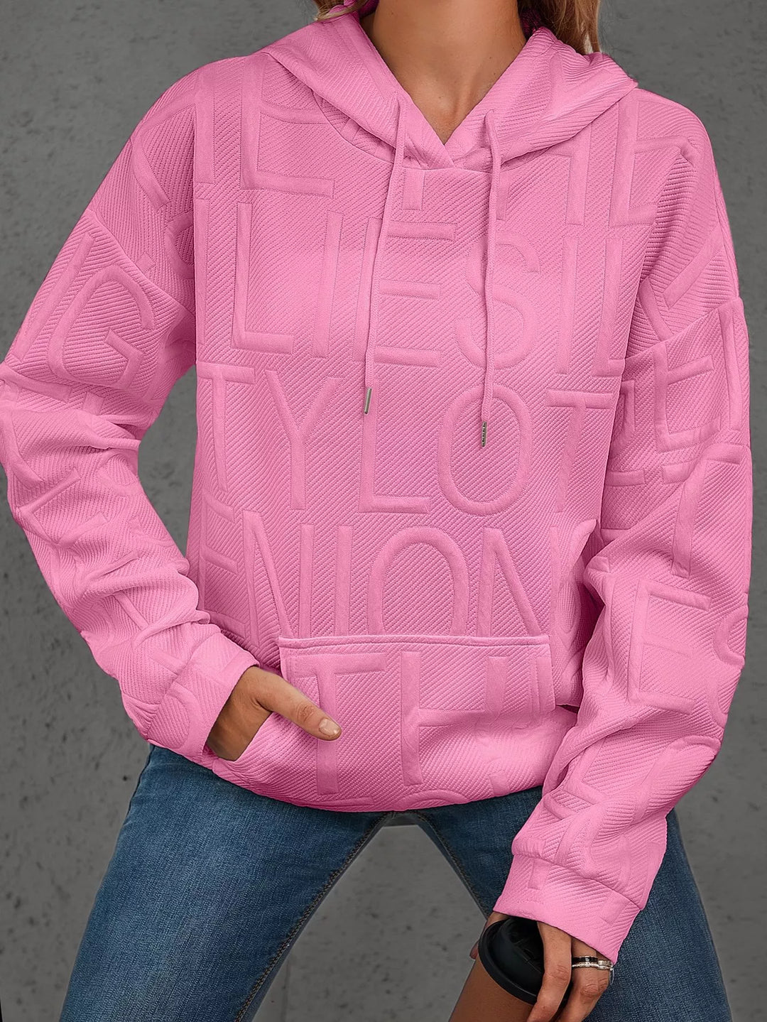 Full Size Textured Embossed Long Sleeve Hoodie Plus Size