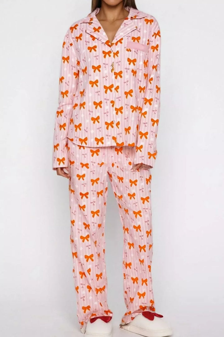 Bow Print Top and Wide Leg Pants Lounge Set