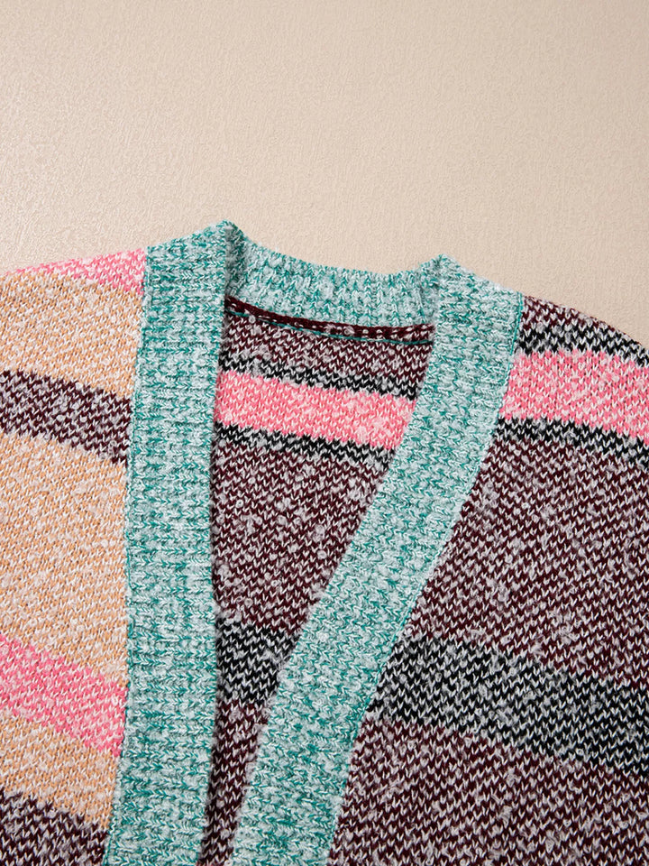 Color Block Striped Side Slit Open Front Cardigan
