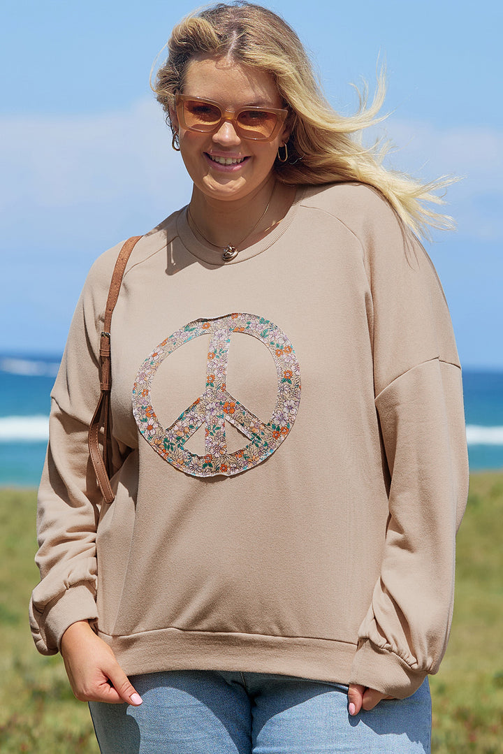 Sweat-shirt grande taille en tissu éponge délavé kaki pâle à motif floral et signe de paix