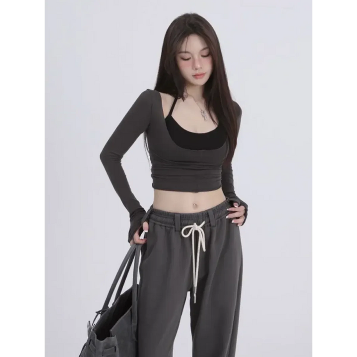 Aesthetic Halter Two-Piece Set - Harajuku Long Sleeve Tee