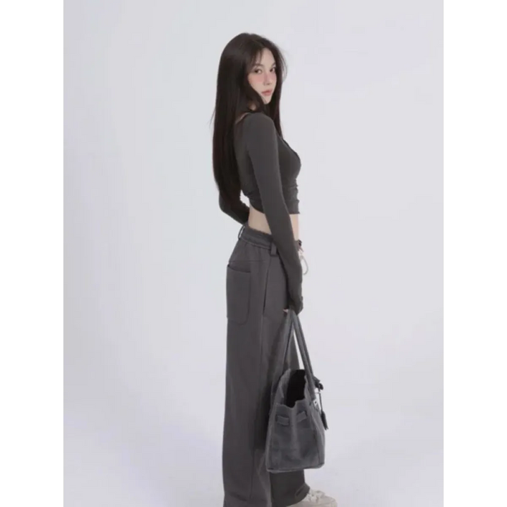 Aesthetic Halter Two-Piece Set - Harajuku Long Sleeve Tee