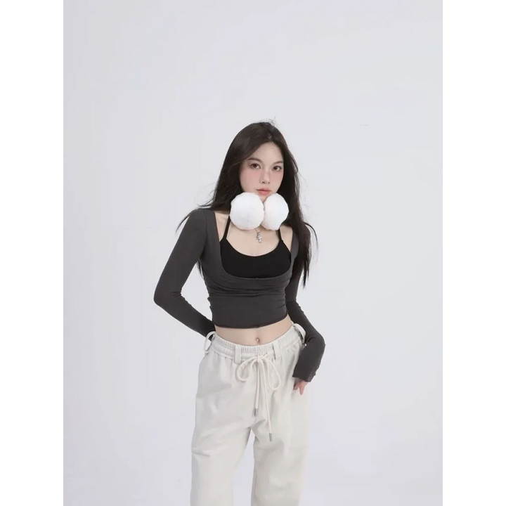 Aesthetic Halter Two-Piece Set - Harajuku Long Sleeve Tee
