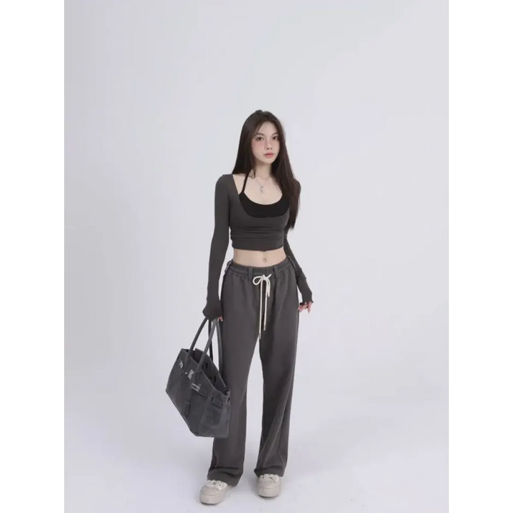 Aesthetic Halter Two-Piece Set - Harajuku Long Sleeve Tee