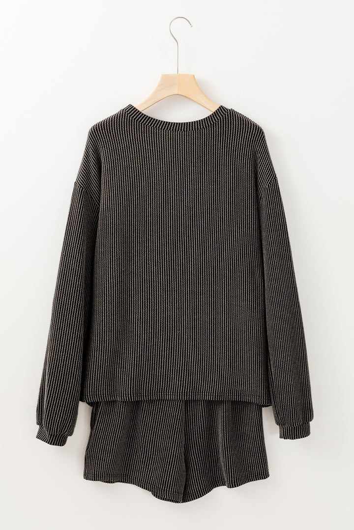Carbon Grey Bowknot Patched Pattern Corded Long Sleeve Top and Shorts Outfit