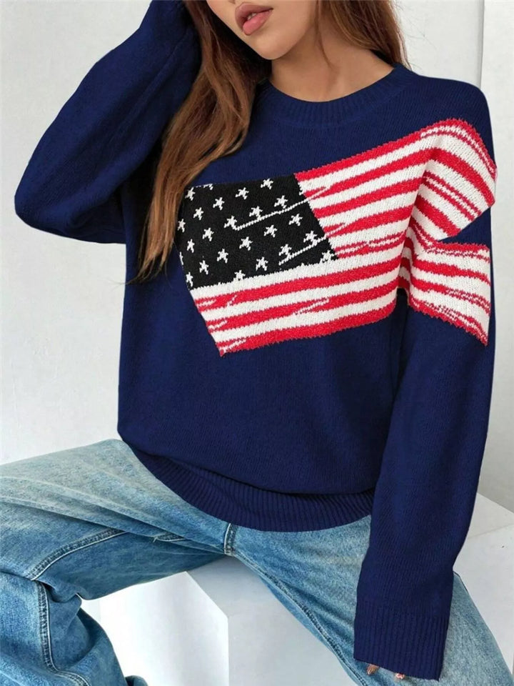 US Flag Round Neck Long Sleeve Sweater