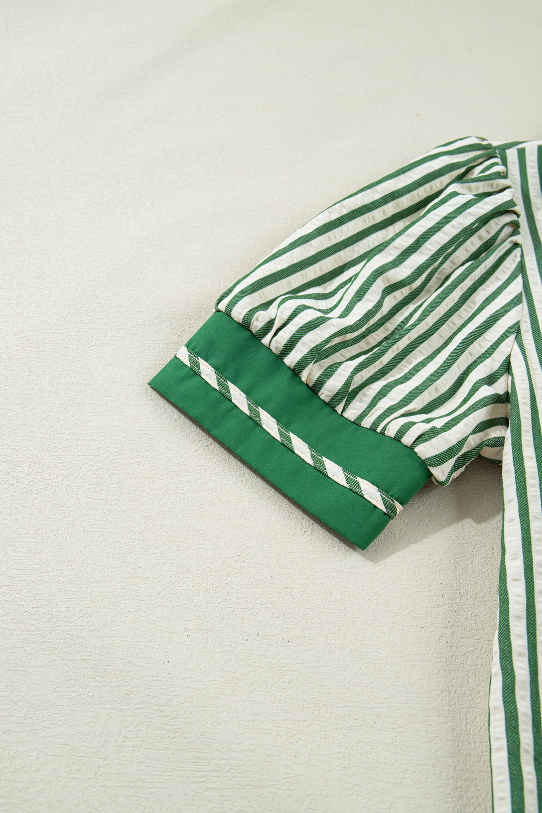 Green Stripe Collared Split Neck Short Bubble Sleeve Blouse
