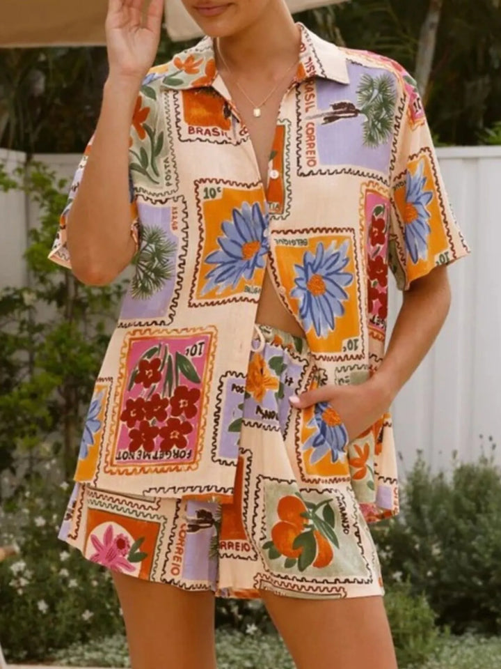 Printed Button Up Shirt and Shorts Set