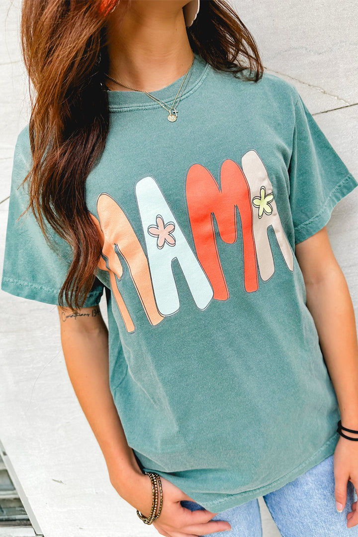 T-shirt ras du cou imprimé vert mer MAMA délavé minéral