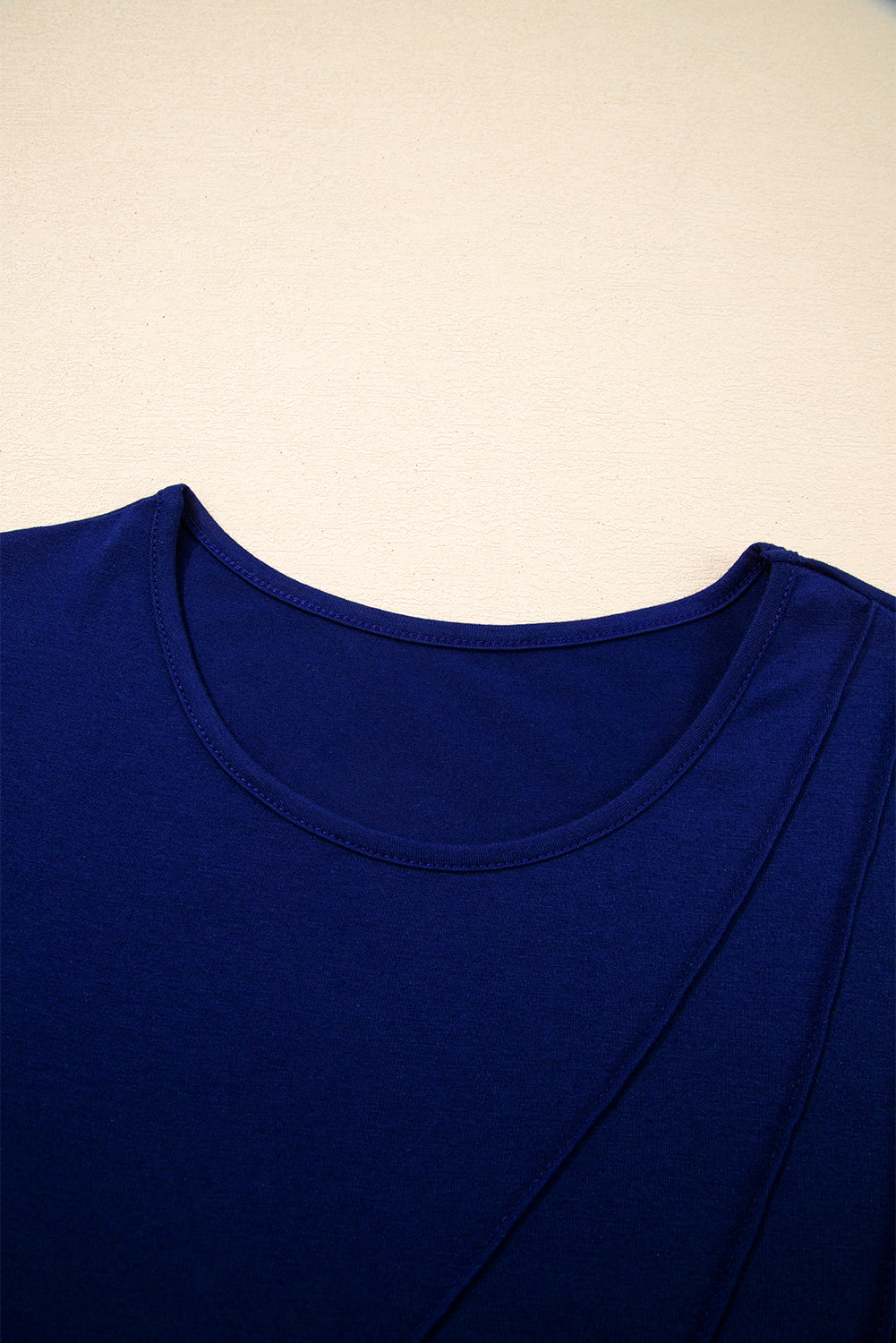 Navy Blue Asymmetric Seam Detail Solid Color Long Sleeve Top