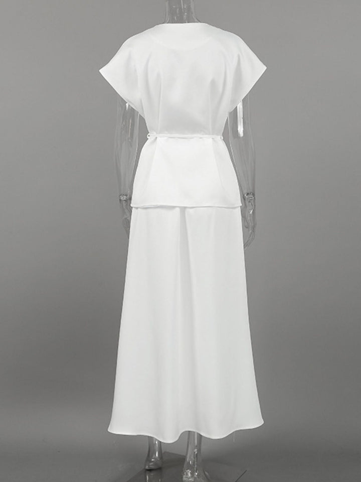 One Button Short Sleeve Top and Skirt Set
