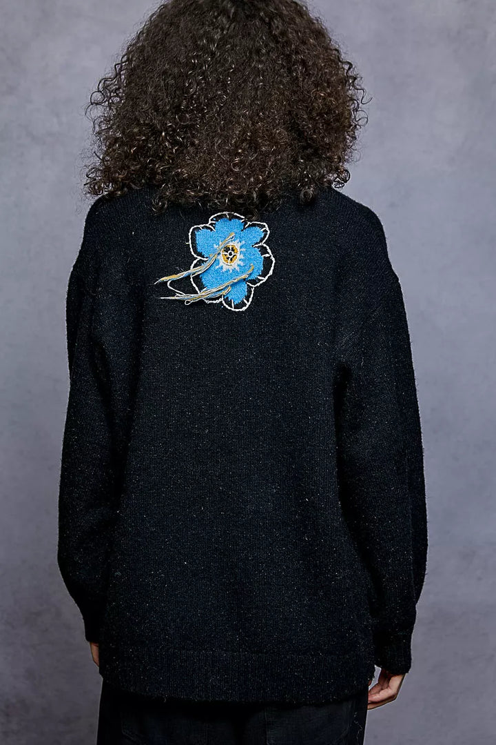 POL Floral Pattern Round Neck Sweater with Exposed Stitching