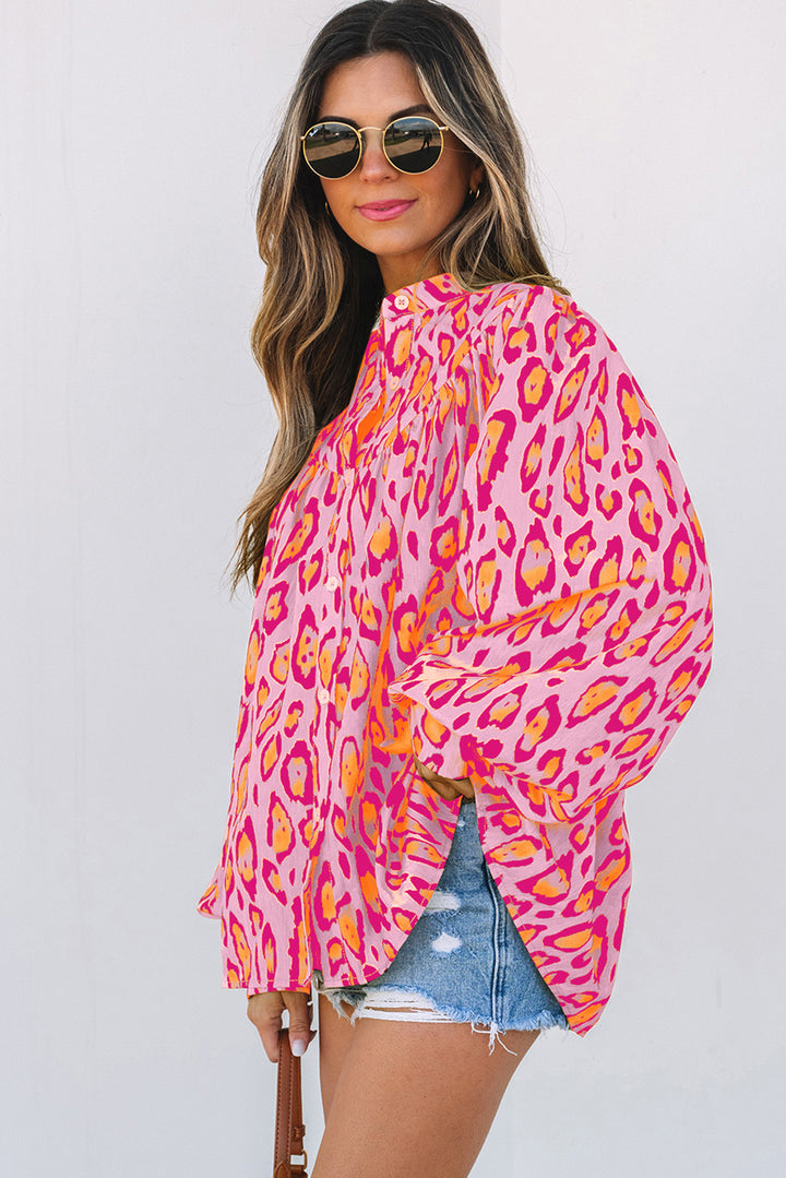 Rose Red Oversized Leopard Print Balloon Sleeve Casual Shirt