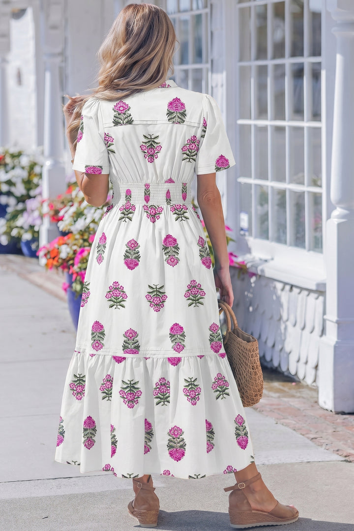 White Floral Print Split Neck Shirred High Waist Ruffle Hem Maxi Dress