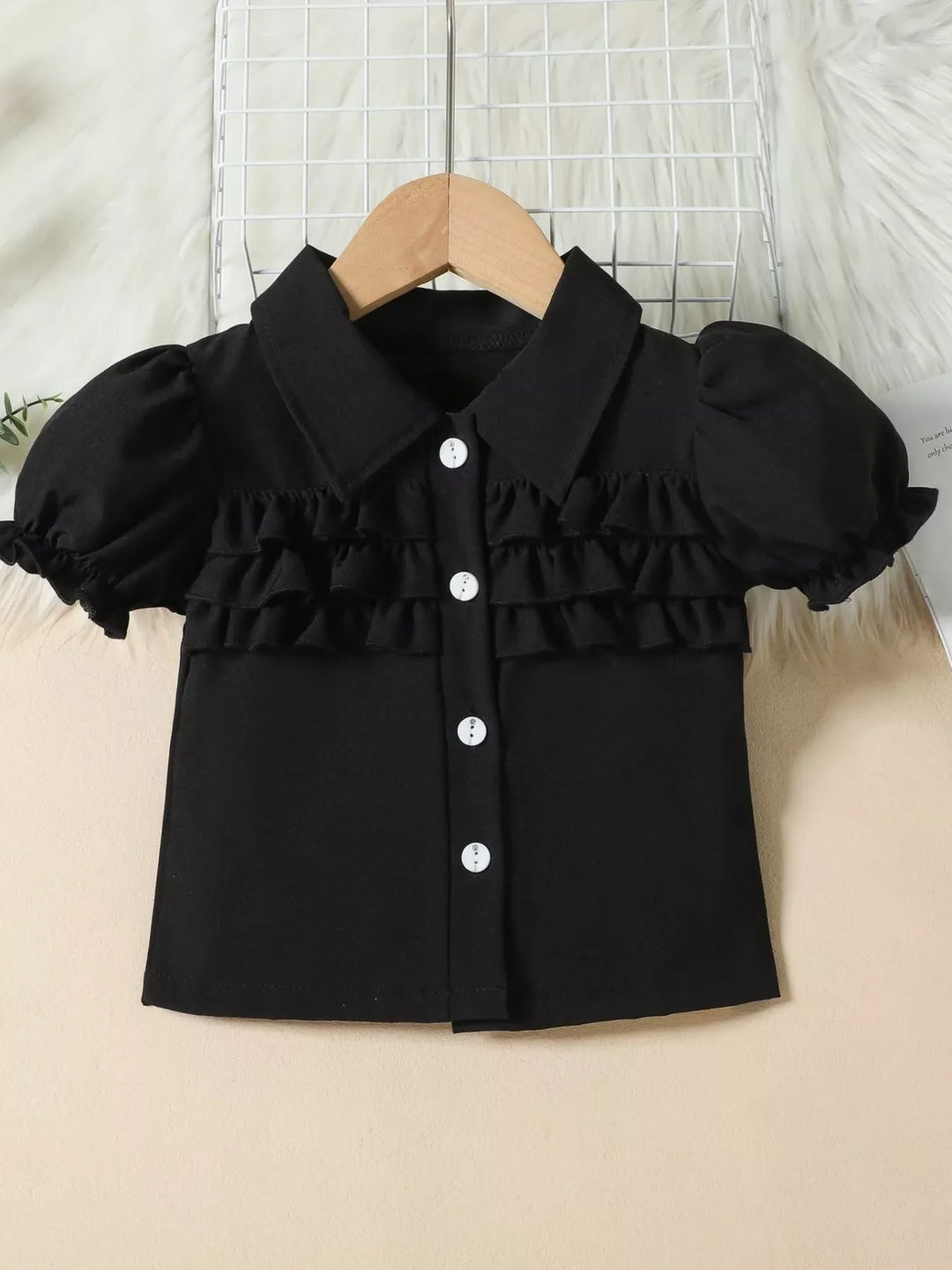 Children's Ruffle Trim Puff Sleeve Top & Pleated Skirt Set