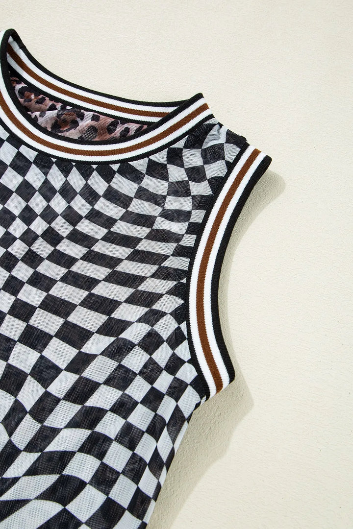 Checkered Round Neck Sleeveless Midi Dress