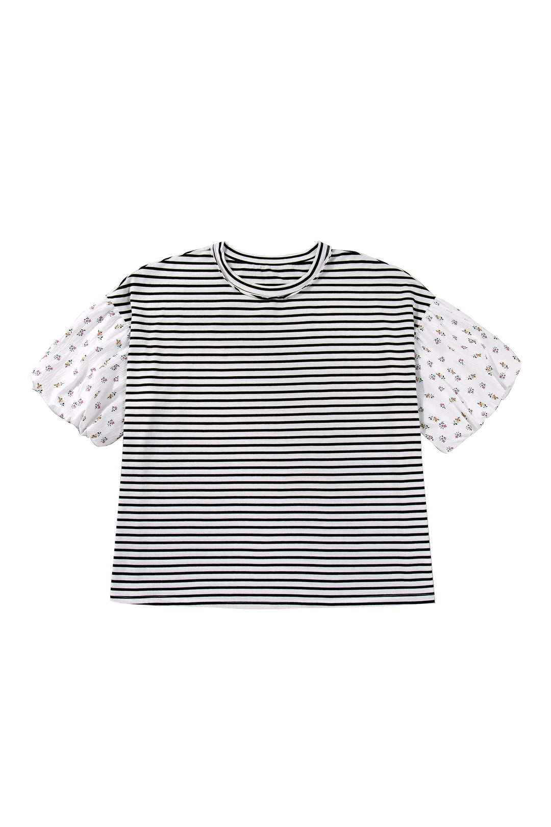 Black Stripe Plus Size Striped Short Sleeve Top with Floral Puff Sleeves