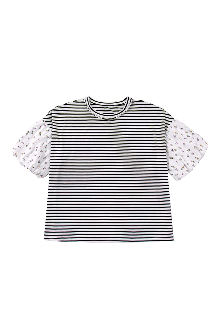 Black Stripe Plus Size Striped Short Sleeve Top with Floral Puff Sleeves