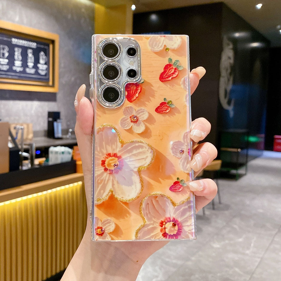 Luxury Rhinestone Oil Painting Flower Phone Case Lens Fine Hole All Inclusive