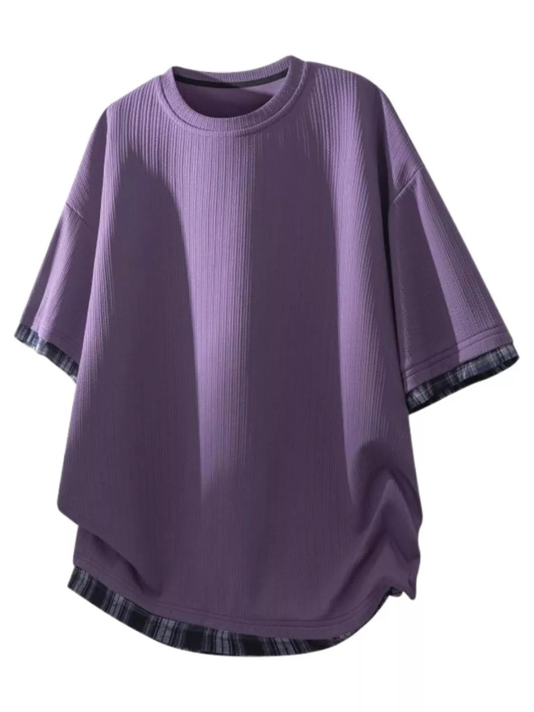 Men's Plus Size Short Sleeve Round Neck Plaid Trim T-Shirt