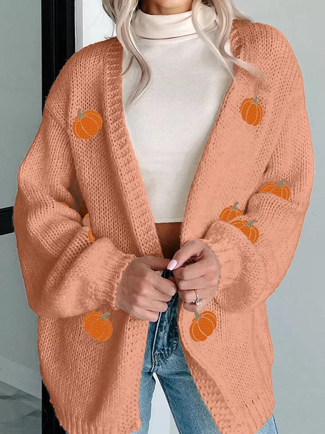 Pumpkin Tree Print Open Front Drop Shoulder Midi Cardigan