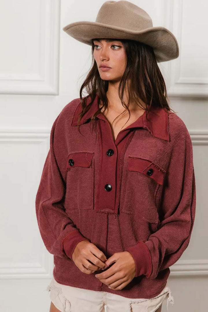 BiBi Cp French Terry Cut Edge Detail Collared Top