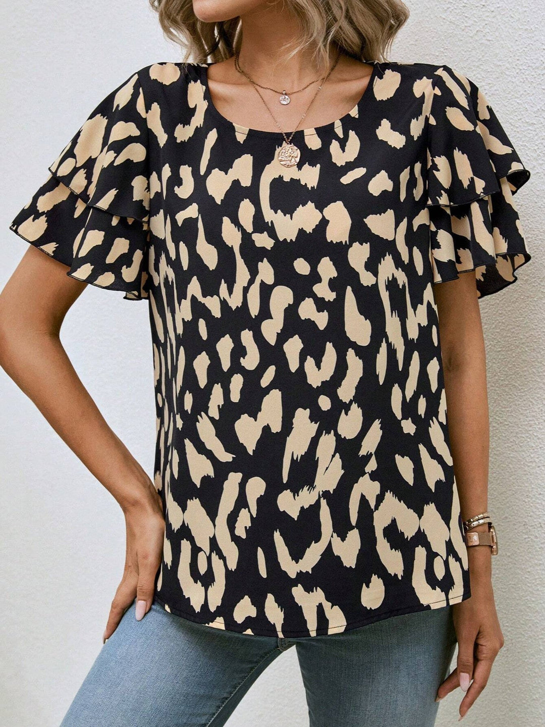 Animal Print Ruffle Sleeve Blouse