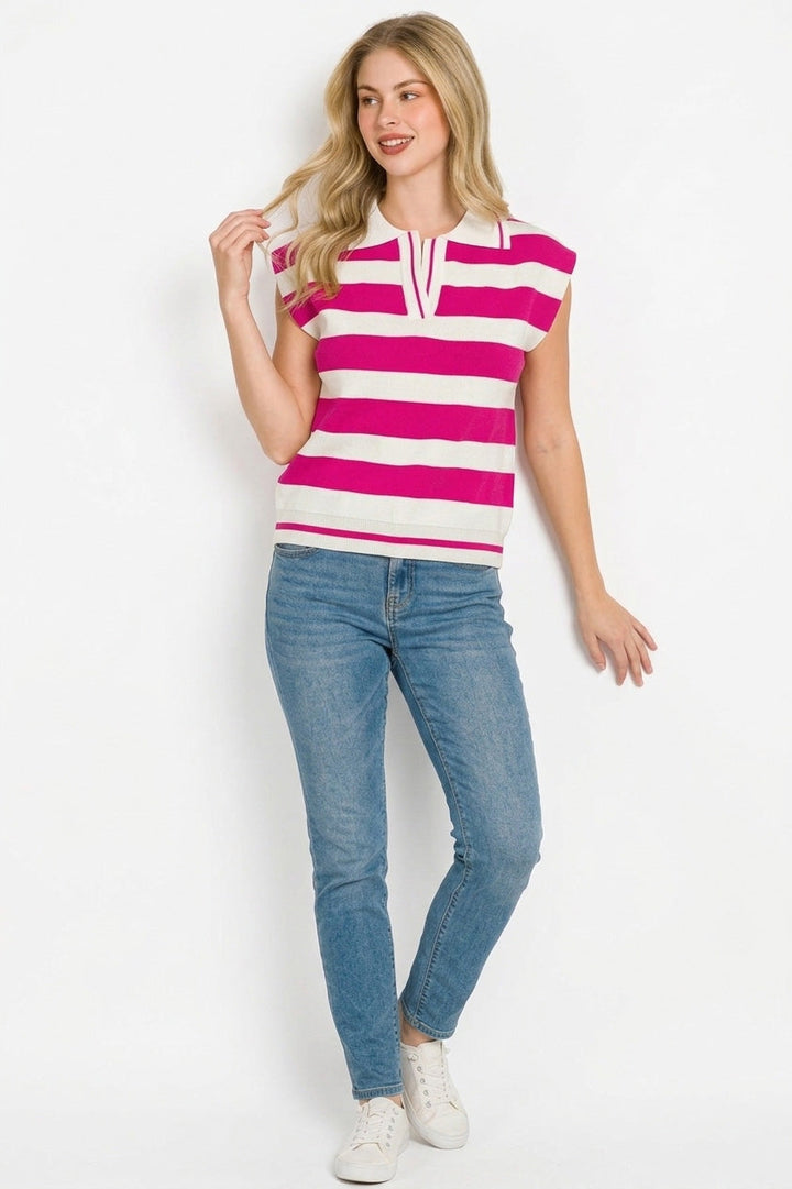 Zenana Viscose Striped Collared Sweater Vest