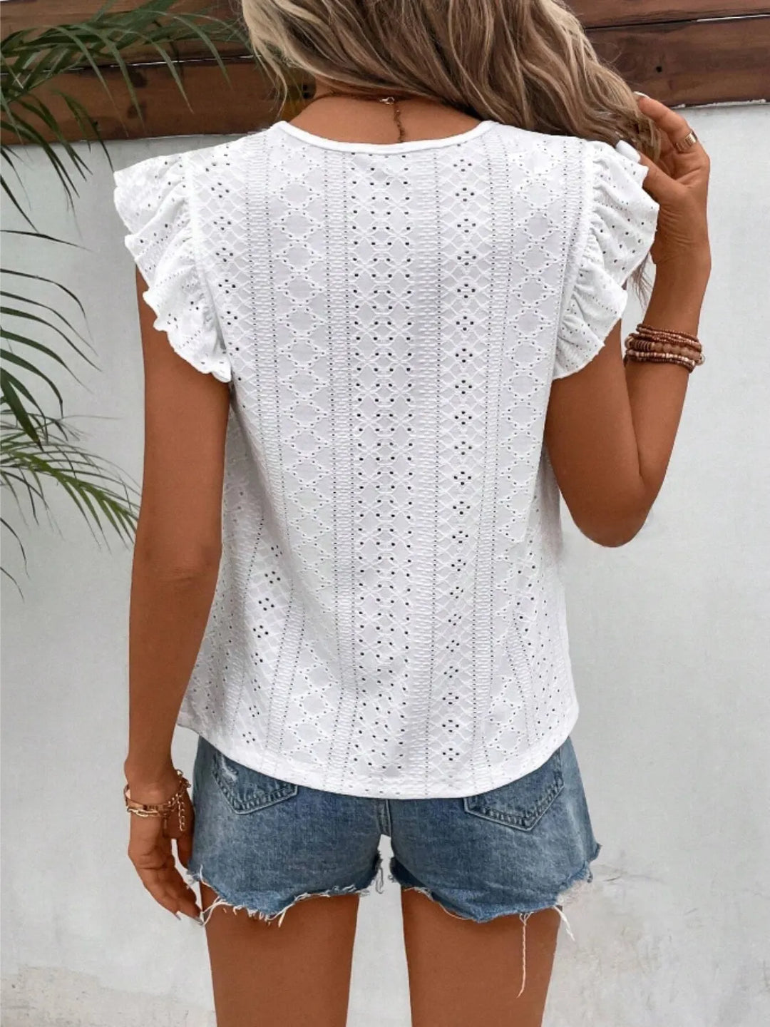 Eyelet Round Neck Cap Sleeve Top