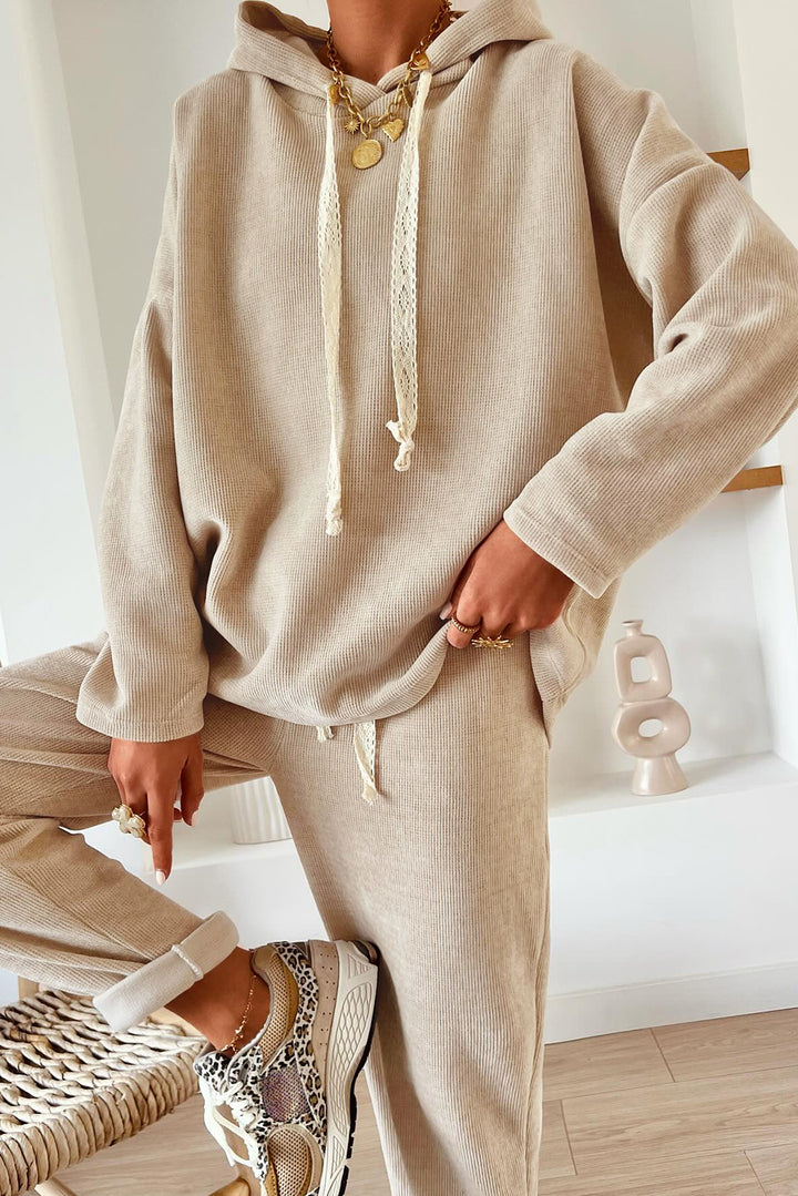 Jet Stream Lace Drawstring Pullover Hoodie and High Waist Pants Corduroy Suit