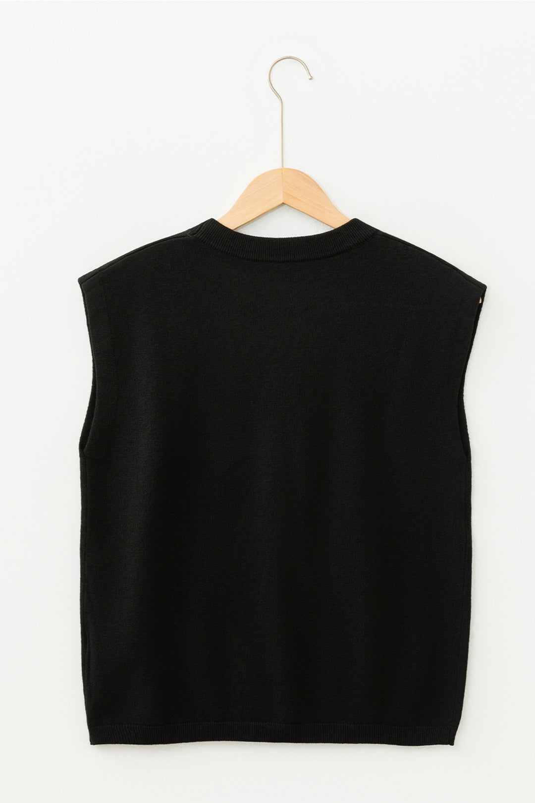 Black Solid Color Crew Neck Knit Cap Sleeve Sweater