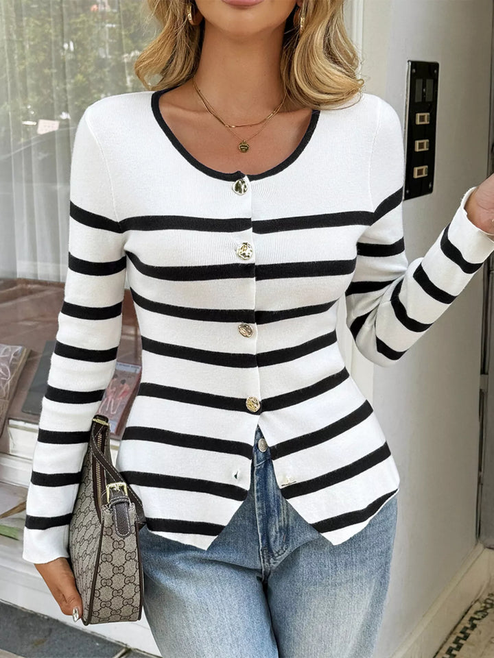 Striped Button-Up Knit Cardigan