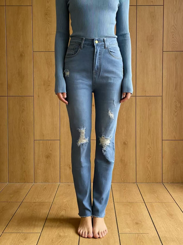 High-Waisted Distressed Jeans