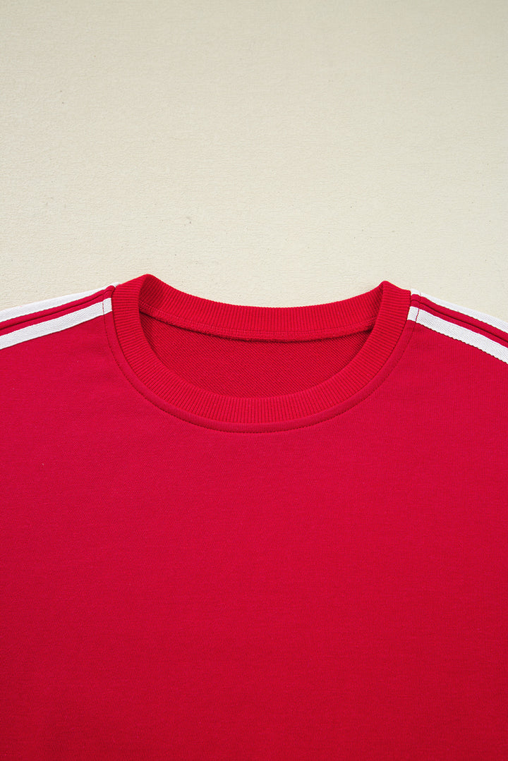 Fiery Red Varsity Striped Detail Crewneck Pullover Elastic Sweatpants 2pcs Outfit