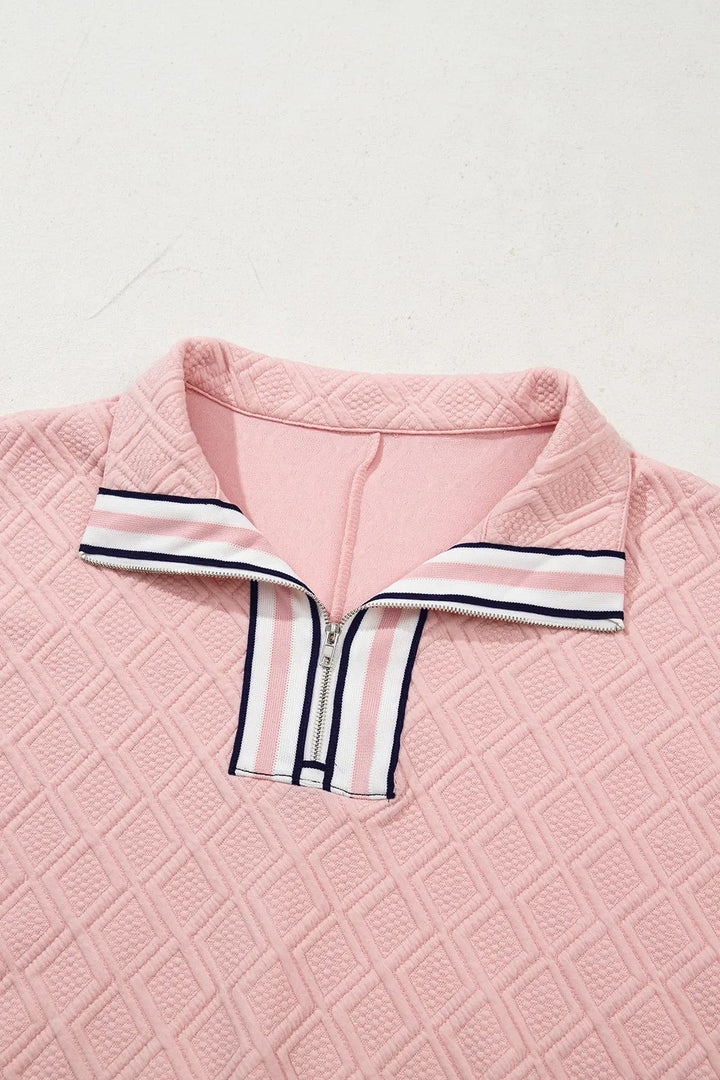 Contrast Striped Collar Patchwork Textured Half Sleeve Blouse