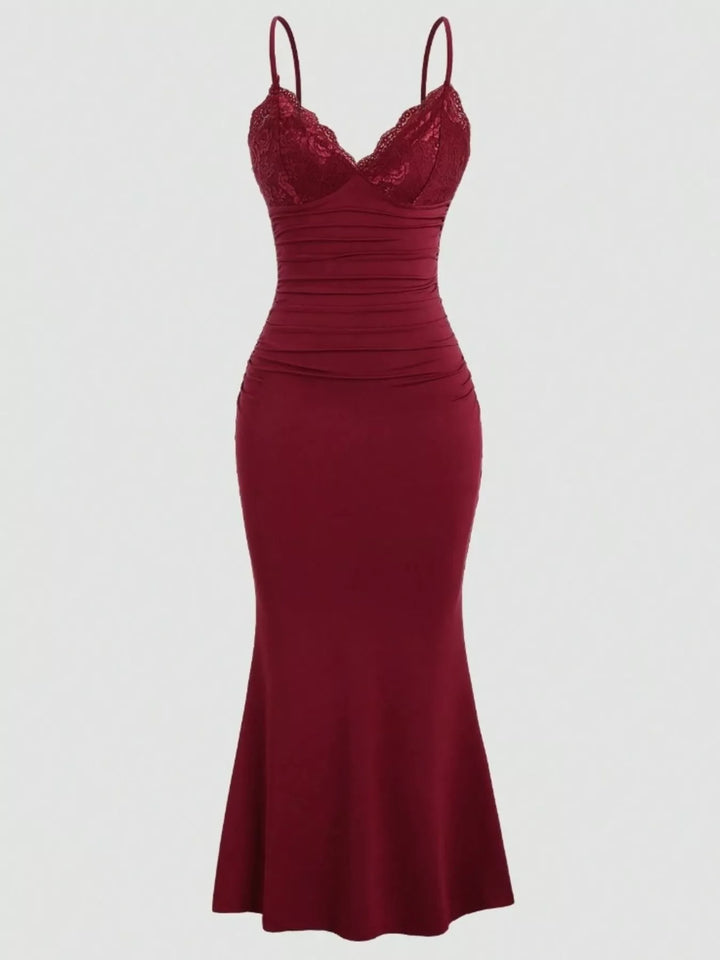 Lace Trim Ruched Mermaid Dress