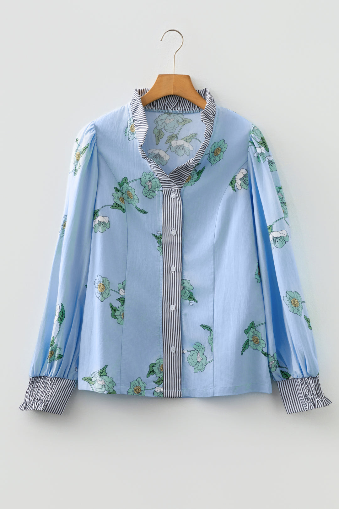 Sky Blue Floral Print Contrast Striped Trim Ruffled V Neck Fall Blouse