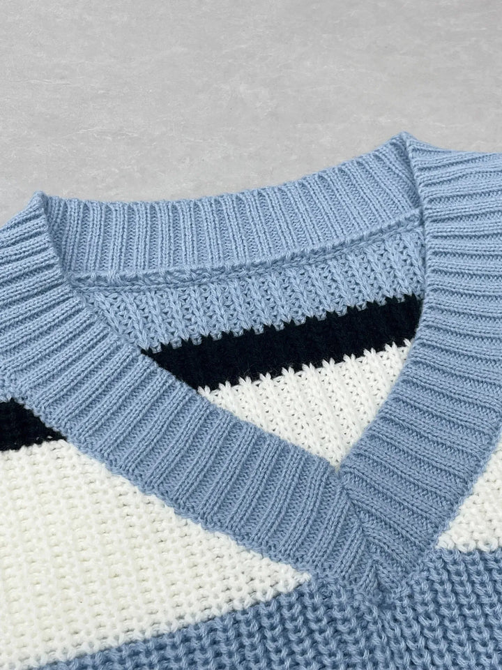 Striped V-Neck Color Block Sweater