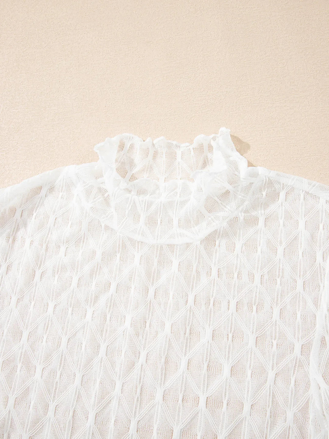 Sheer Mesh Patterned Lettuce Trim Slim Long Sleeve Top